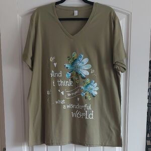 Olive Green Graphic V-Neck Women Top